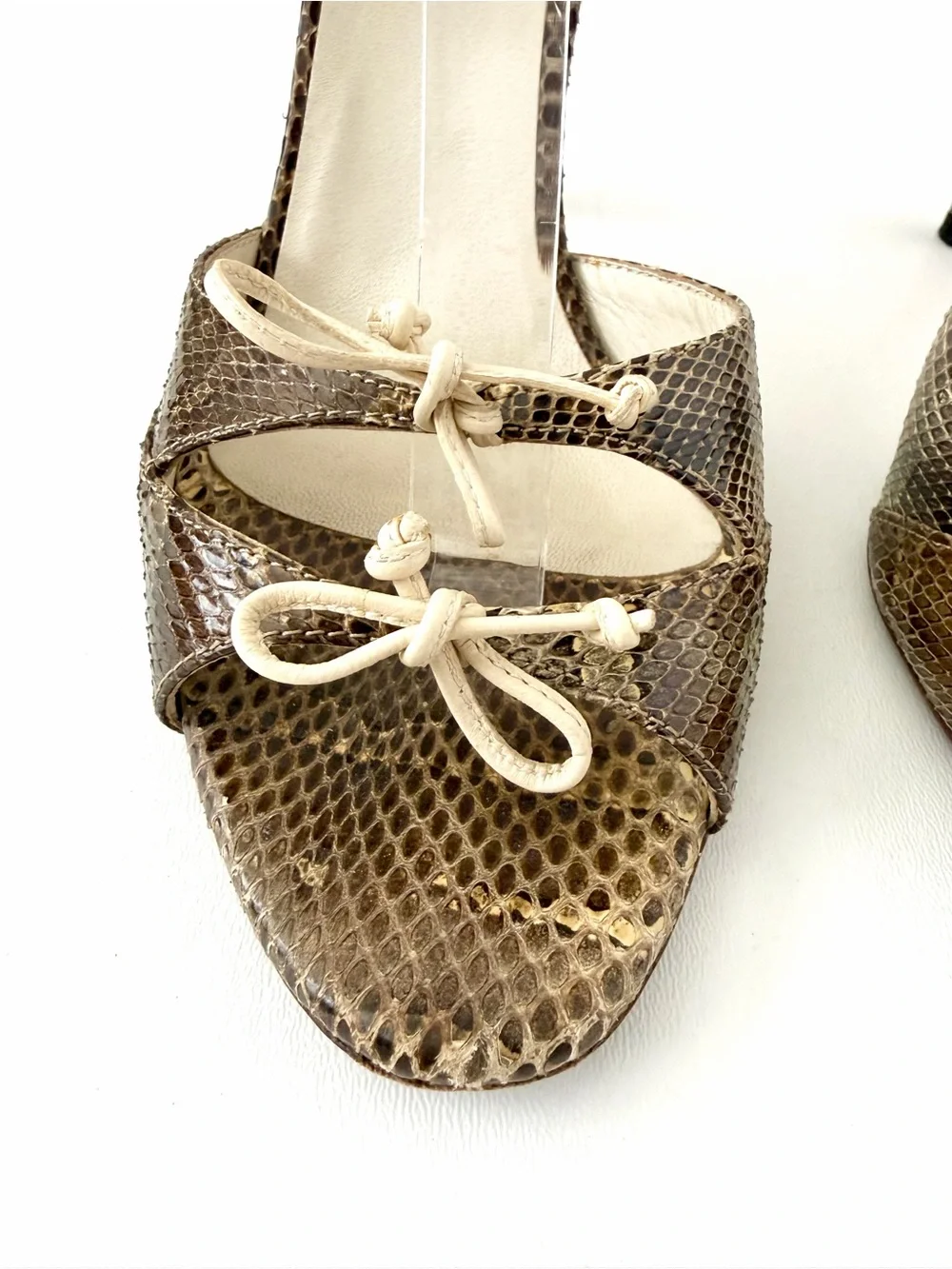GUCCI | Vintage Snakeskin Bow Ankle Tie Stiletto Sandal Heels Brown Size 8.5B